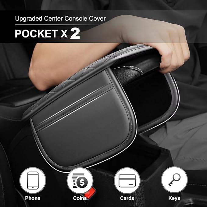 Upgraded Car Center Console Cover Fit for Camry Faux Leather Car Armrest Cover Cushion with 2 Storage Bags,Car Armrest Storage Box Interior Accessories(Grey&Whiteline)