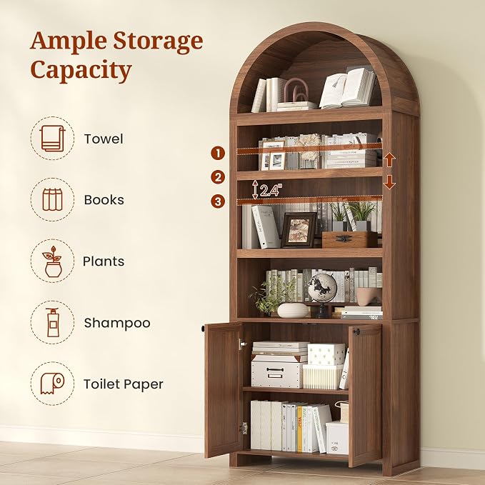 81" Tall Arched Cabinets,Bookcase with storage,Mid-Century Modern 6-Tier Bookshelf with Door,2 Book Risers and Adjustable Shelves offering more storage space for Living Room,Kitchen,Home Office,Brown