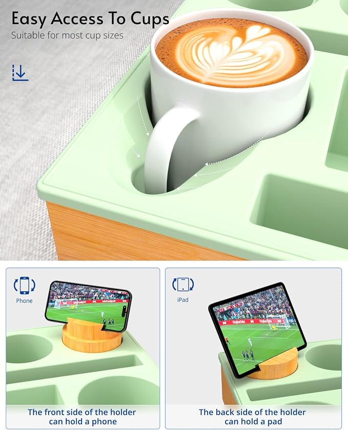 Couch Cup Holder Tray - Couch Organizer Caddy, Silicone Beach Caddy with Cup Holder, Sofa and Bed Drink Holder and Couch Tray Table for Snacks Beverage Remote (Green)