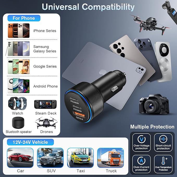 2-Pack Car Charger,93W 3 Ports Fast Charging Dual USB-C + USB-A Cigarette Lighter Adapter, PD & QC 3.0 Car Charger USB C Plug Compatibilie with iPhone 17 Pro/16/15/14,Samsung Galaxy S25/S24,Pixel