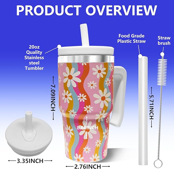 20-OZ Insulated Water Bottle,Insulated Stainless Steel Tumbler,Reusable Cold Drink Thermos,BPA-Free, Double-Wall Stainless Steel Water Bottle (Pink-Rainbow Flower, 20, Fluid Ounces)