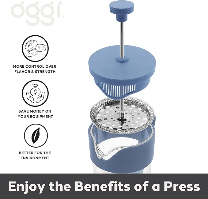 Oggi Borosilicate Glass French Press Coffee Maker (20oz)- 5 Cup Capacity, Coffee Press, Single Serve Coffee Maker, Stainless Steel Lid & Plunger, Make Great Coffee Gifts, Blue