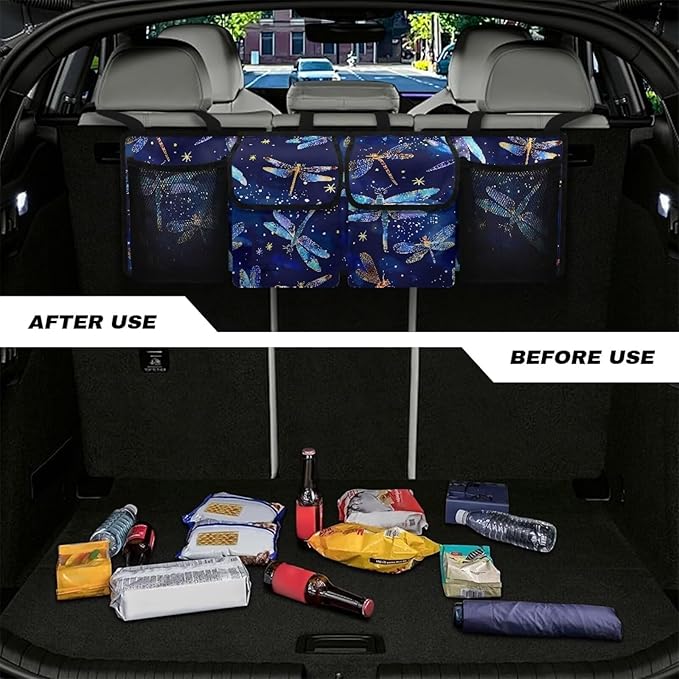 Dragonfly Car Trunk Organizer and Storage, Backseat Hanging Organizer for SUV, Truck, Waterproof Cargo Storage Bag with 4 Pockets, Car Interior Accessories for Men Women