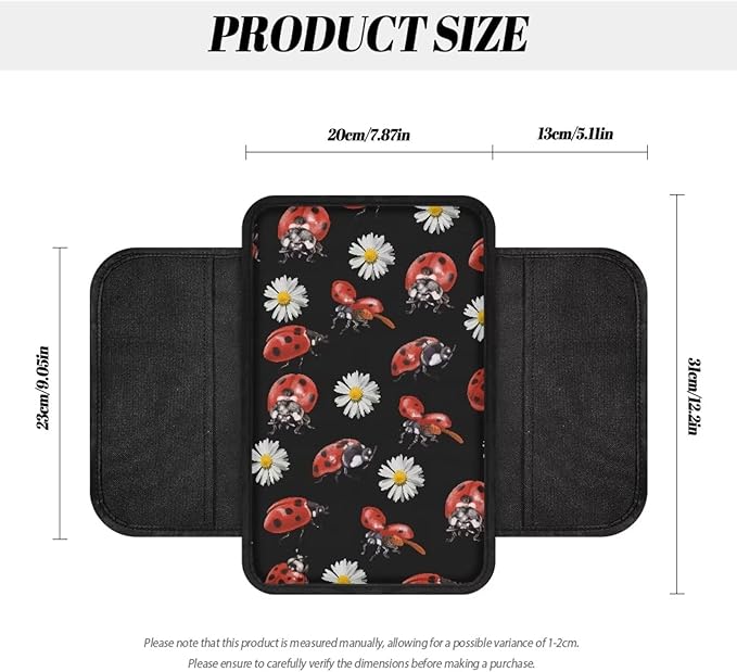 Dreaweet Car Armrest Cushion Ladybug Car Accessories for Women Center Console Pad Cover Protector Armrest Seat Box with Organizer Pockets Storage Bag,Universal Fit