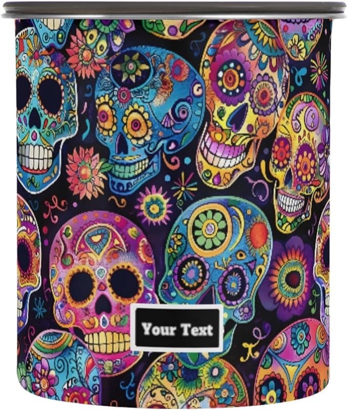 ALAZA Sugar Skulls Day Of Dead Kitten Cats Airtight Coffee Bean Canister Customed 900ml Food Storage Containers with Lids For Gournd, Tea, Sugar, Flour, Rice, Cereal, Candy Cookie Jar