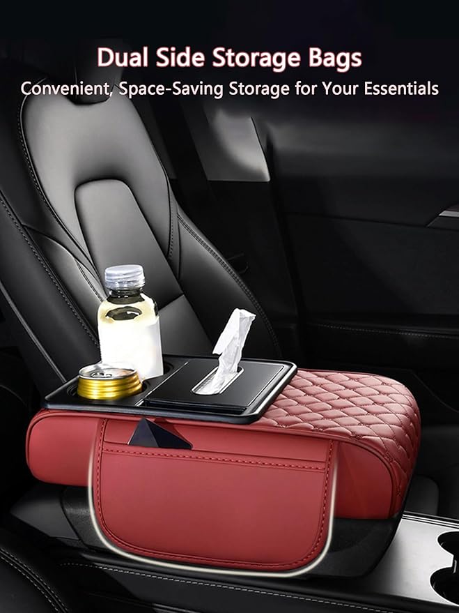 Car Center Console Cover for Toyota Crown Signia – 5-in-1 Leather Armrest Cushion Pad with 2 Storage Bags, Holds Cups, Phone, Tissues, Car Interior Accessory,C Red