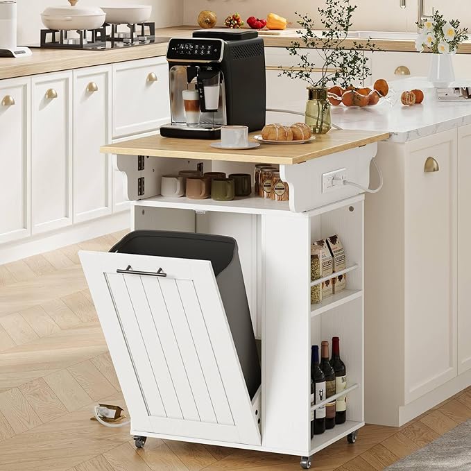 HOOBRO Kitchen Island with Trash Can Storage, Island Table with Drop Leaf Countertop, Rolling Kitchen Cart on Wheels, Storage Island with Power Outlet & Spice Rack, White and Natural WN33UZD01