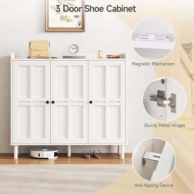 ONBRILL Shoe Cabinet with 3 Doors and Adjustable Shelves, 30 Pairs Shoe Storage Cabinet, 40 Inch Tall Farmhouse Shoe Rack Shoe Organizer Cabinet for Entryway Living Room Closet, White