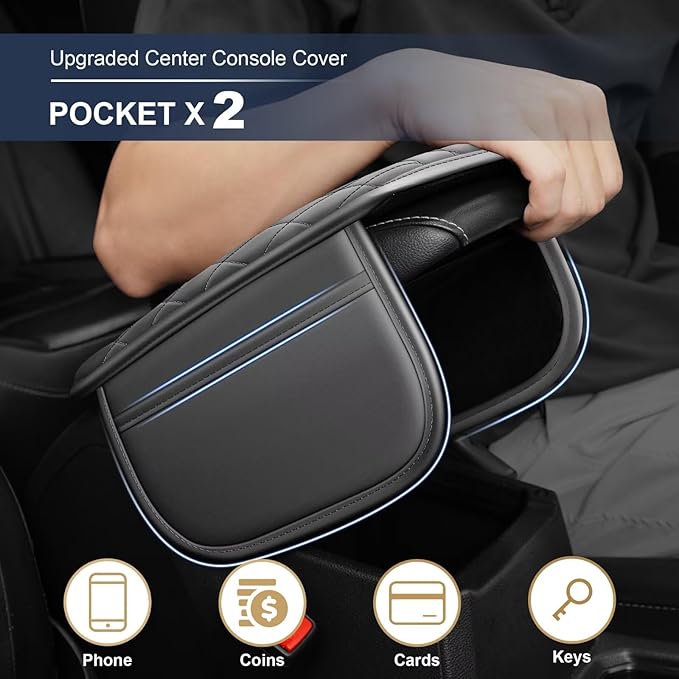 YORKNEIC Center Console Cover Fit for Lincoln Aviator Armrest Cover for Car with 2 Side Pockets Faux Leather Middle Console Cover (Grey)