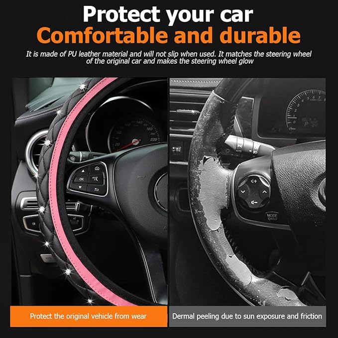 Bling Car Steering Wheel Cover, Rhinestones Elastic Leather Automotive Steering Wheel Protector, 15 Inch Sparkly Crystal Vehicle Interior Decor Accessories, Universal Fit (Pink)