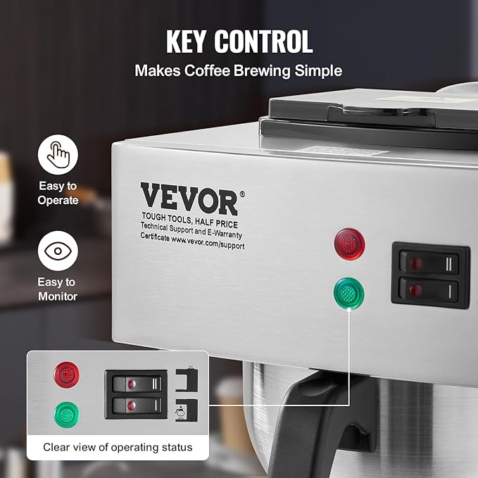 VEVOR 12 Cups Commercial Drip Coffee Maker, Coffee Maker Machine with 2 Glass Carafes and 2 Warmer Plates, Stainless Steel Pour Over Coffee Brewer for Restaurant, Office, Cafe