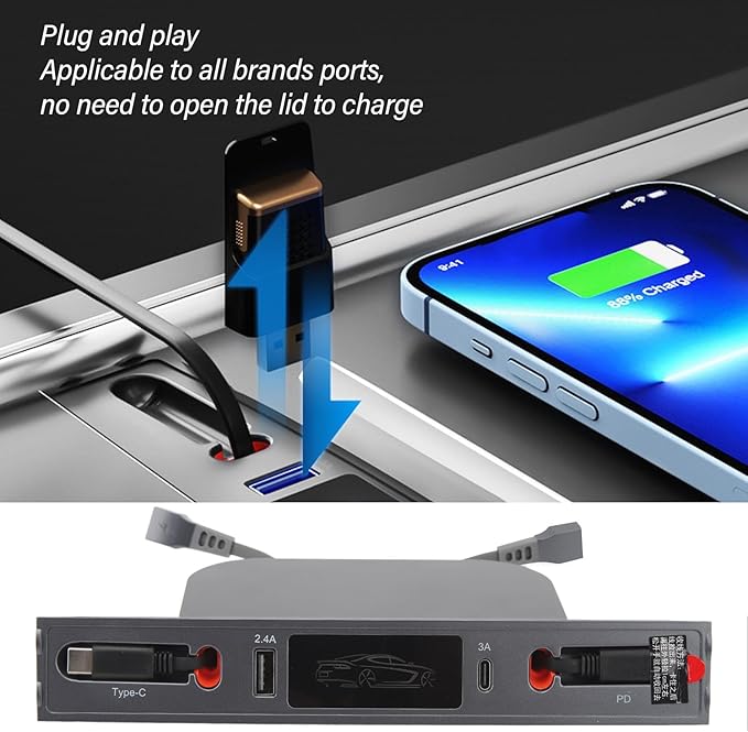 Car USB Hub Charger for T.esla Model.Y (2021-2024) and Model.3 (2021-2023) - Multi Port Retractable Docking Station with Fast Charging Cable for Center Console