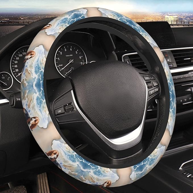 Art Basset Hound Car Steering Wheel Cover, 15 Inch Steering Wheel Cover Stylish Decor for Most Cars
