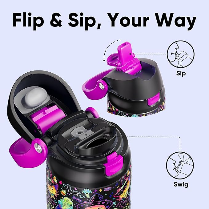 Encool SwiftSip Insulated Stainless Steel Water Bottle with Straw - Leak Proof Sports Water Bottle for School, Travel, Keeps Cold All Day, One-Touch Flip Lid, BPA-Free, 24 oz, Meowgic Night