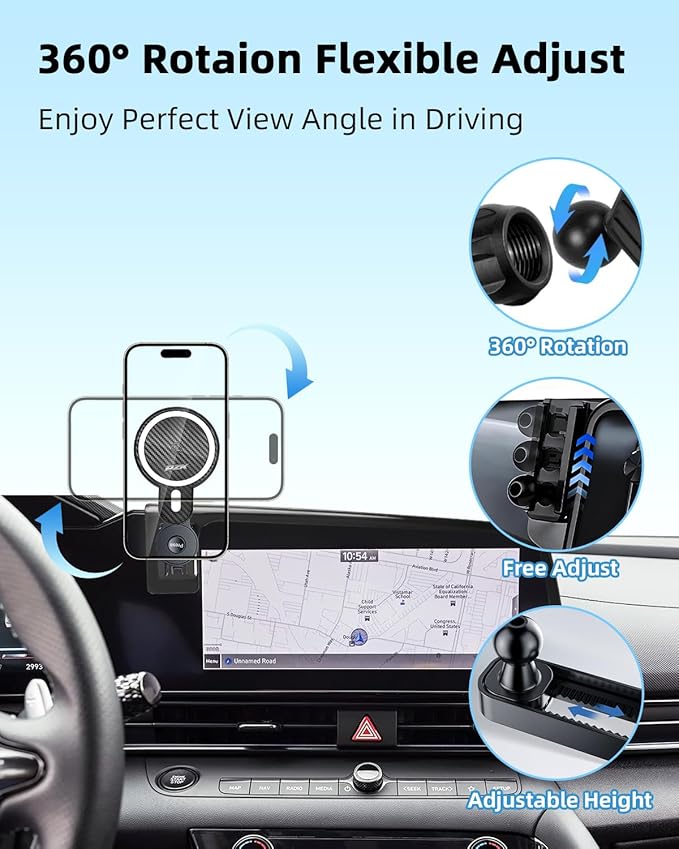 Car Phone Holder for Hyundai Elantra 2021- 2025 SE/SEL/Sport/Limited/N Line Accessories Custom 8-Inch/10.25-Inch Screen Magnetic 15W Fast Wireless Charger Car Phone Mount 360° Rotating Extension Rod