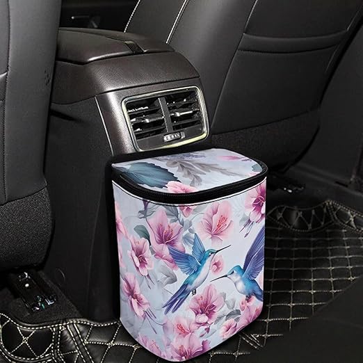Hanging Hummingbird Car Trash Can Bin with LidFloral Hummingbird Vehicle Garbage Can Leak Proof Hanging Car Rubbish Bags Automotive Organizer Accessory for Back Front Seat