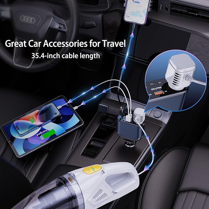 OHLPRO Retractable Car Charger Cigarette Lighter Adapter, 168W 5 in 1 Fast Phone Charging Built-in Replaceable Fuse, Socket Splitter with USB C and USB i Cord, Fit for Phone, iPad, Galaxy, GPS