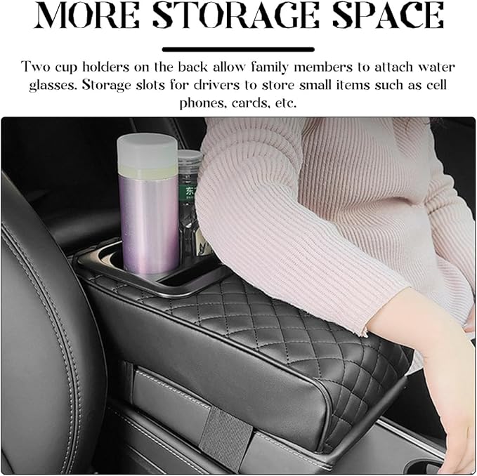 Car Center Console Armrest Pillow, 14"×8.3" Leather Memory Foam Armrest Cushion with Cup Holder & Phone Holder, Waterproof Middle Console Cover Box Protector for Most Vehicle (Diamond Pattern)