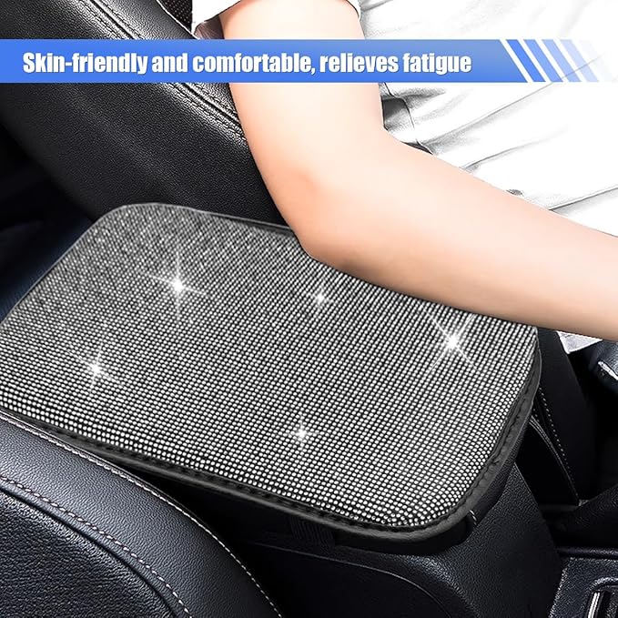 11.9''×8.4'' Bling Car Center Console Cover, Crystal Rhinestone Arm Rest Protective Cushion Pad, Diamond Soft Elbow Pillow, Auto Interior Decoration Accessories for Women Girls (White)