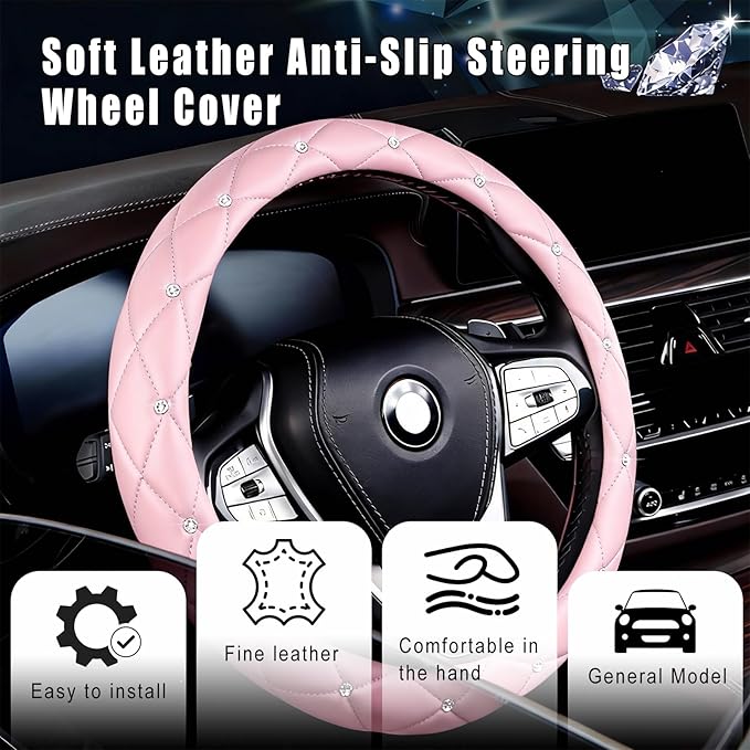 Diamond Leather Steering Wheel Cover Women, Girly Bling Steering Wheel Cover, Sparkly Non-Slip Soft, 15 Inch Interior Accessories for Women Girls Vehicle, Pink