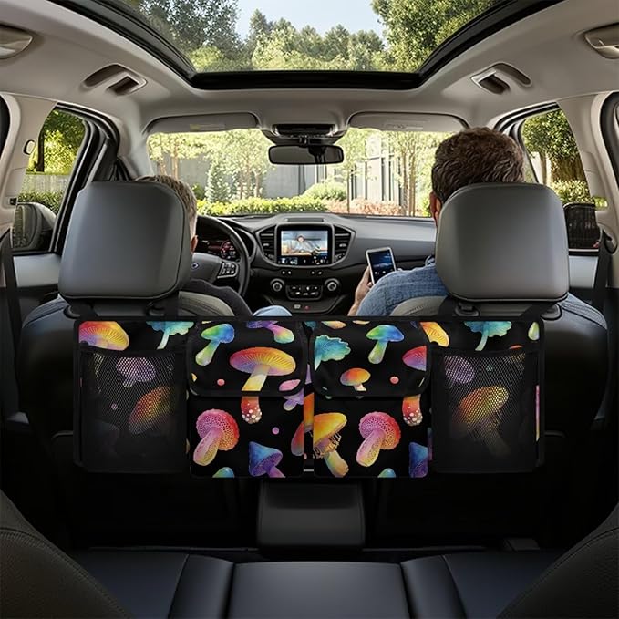 Colorful Mushroom Car Trunk Hanging Organizer, Thick Backseat Storage Bag with 2 Pockets and 3 Adjustable Shoulder Straps, Foldable Interior Accessories Valentine Decoration