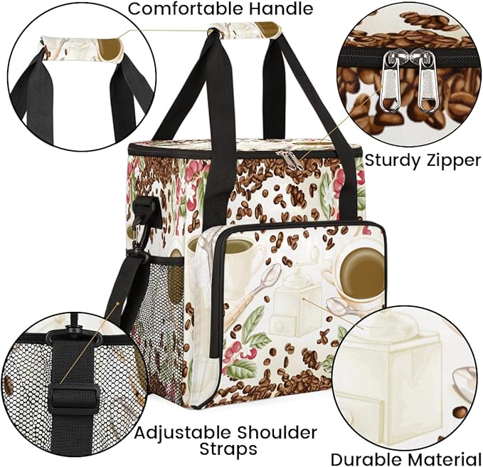Watercolor Coffee Bean Coffee Maker Carring Bag Cafe Travel Carrying Storage Tote Bag Compatible with Keurig K-Mini or K-Mini Plus Portable Single Serve Coffee Brewer Case with Pockets for K-cup Pods
