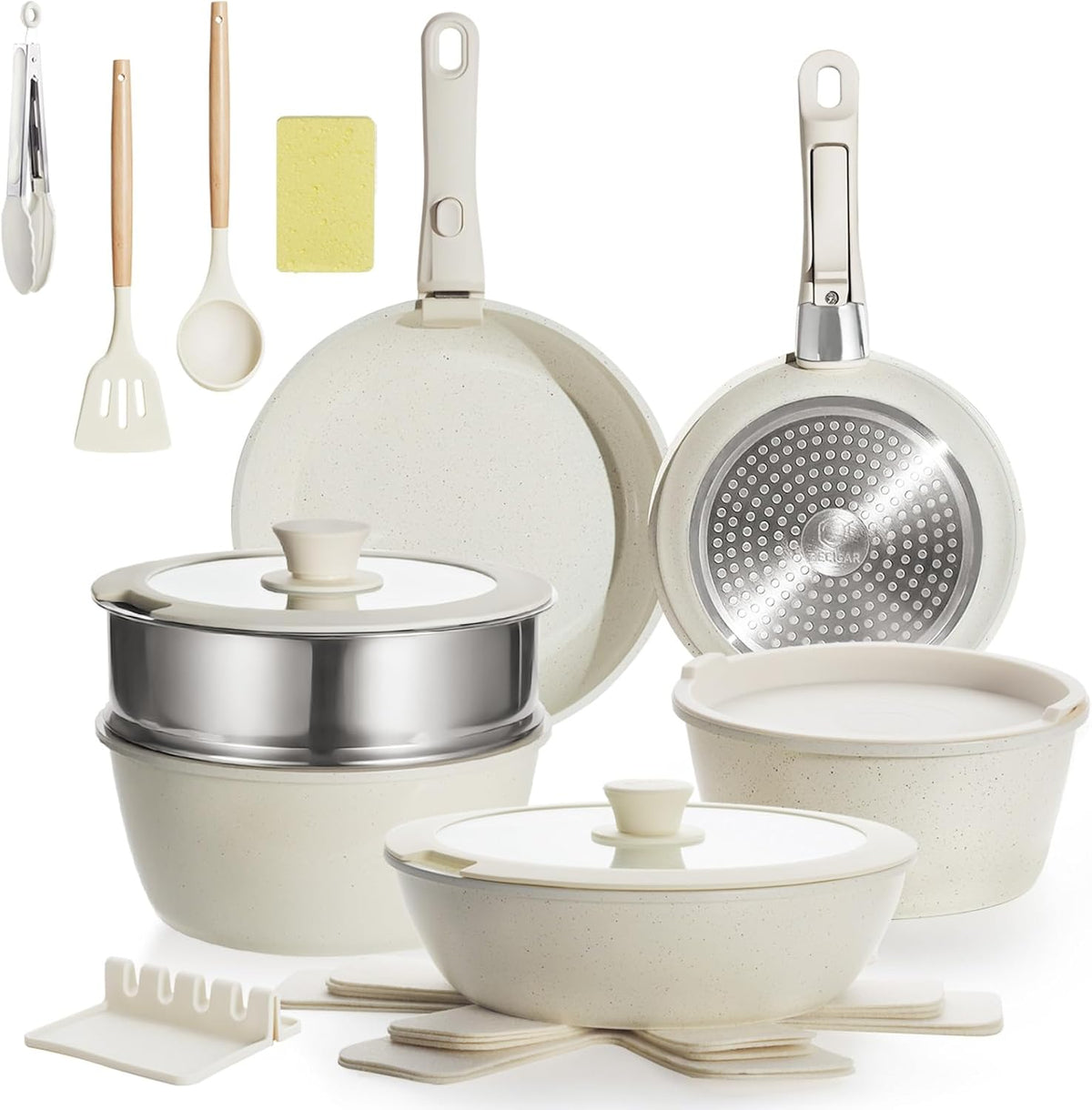 8pcs Ceramic Pots and Pans Set, Non Stick Cookware Set, Detachable Handle Cookware, Induction Kitchen Cooking Set with Removable Handle,Oven Safe, Induction Fast, Stackable Cookware Set
