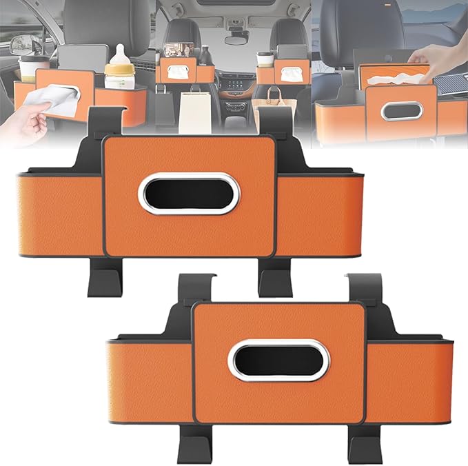 Car Organizers and Storage Box, 4 in 1 Multifunctional Car Organizer Back Seat with 2 Cup Holders & Tissue Box, Backseat Cars Organizer for Hold Phone, Snacks, Drinks, Handbag(Orange,2Pcs)