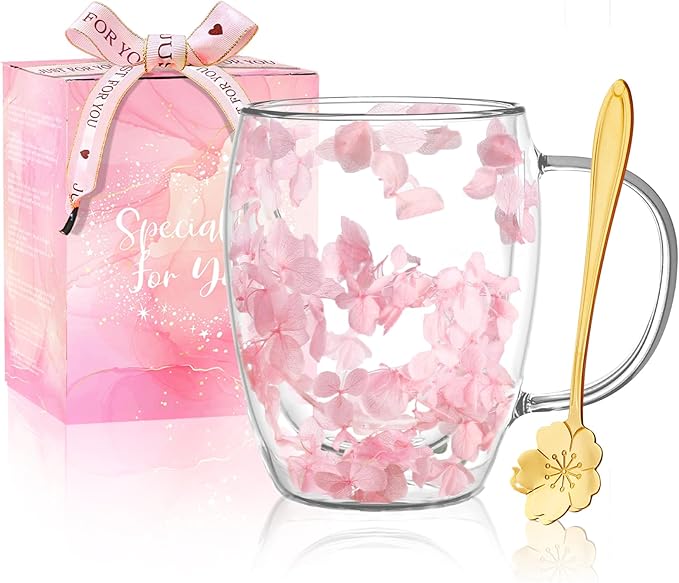Gifts for Women Dried Flowers Double Wall Glass Coffee Mugs Cute Glass Tea Cups with Handles Autumn Mug Christmas Birthday Gifts for Best Friend Teacher Mum Gift New Home Gift Ideas Home Decor
