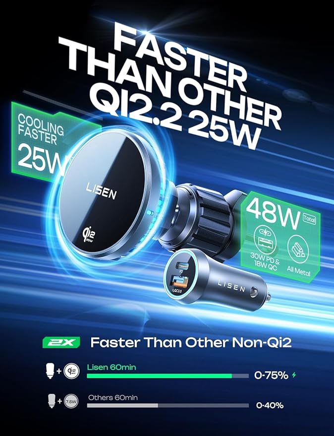 LISEN Qi2.2 25W MagSafe Car Mount Charger [2026 Upgraded with TEC Cooling] Qi2.2 25W Wireless Car Charger Magnetic Car Phone Holder Charger,Magsafe Charger for iPhone 17/16/15/14/13/12,Samsung S26/S25