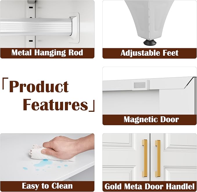 SteeLoong Metal Wardrobe Cabinet with Hanging Rod, 71" Tall Armoire Wardrobe Closet with 2 Doors and Adjustable Shelves, White Clothing Storage Cabinets for Bedroom, Laundry Room, Cloak Room