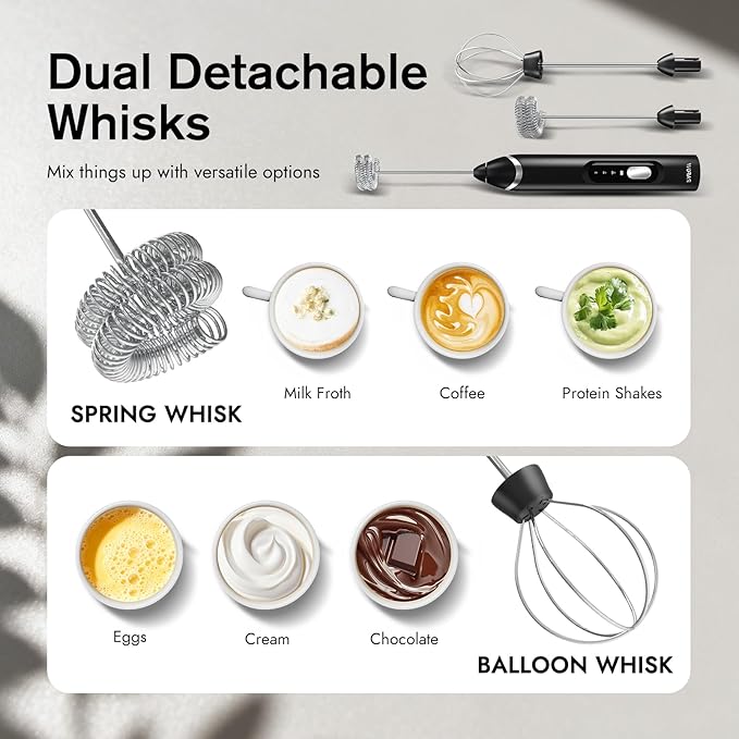 RAFOW Handheld Electric Milk Frother: Rechargeable Frother Wand with Stand, 3 Speeds & Detachable Double Whisk Drink Mixer, Froth Stirrer for Latte, Cappuccino, Cream, Matcha, Dalgona Coffee - Black
