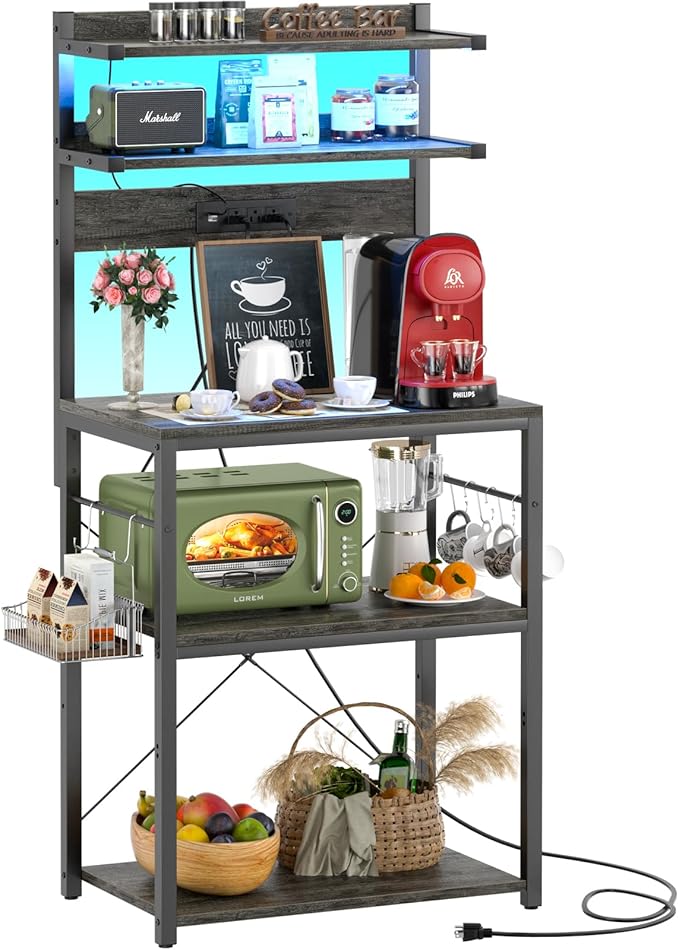 Aheaplus Bakers Rack with Power Outlet, Microwave Stand, 5 Tiers Coffee Bar Station with Led Lights, Kitchen Storage Shelf with 6 S-shaped Hooks, Kitchen Rack for Spices, Pots and Pans, Black Oak