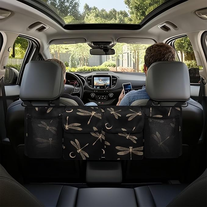 Car Trunk Organizer & Backseat Hanging Organizer with 2 Large Storage Bag & 2 Mesh Pockets,Trunk and Backseat Storage Bag for SUVs & RVs,37.01x11.81 inch,Golden Dragonfly Moon