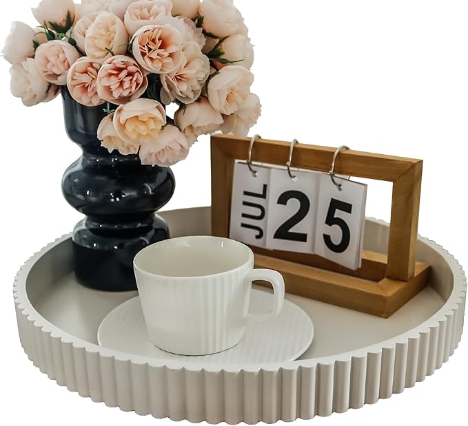 Round Decorative Tray for Coffee Table Decor, 11.8in Cream White Decorative Serving Tray for Kitchen Counter,bandejas decorativas, Wooden Serving Tray for Party
