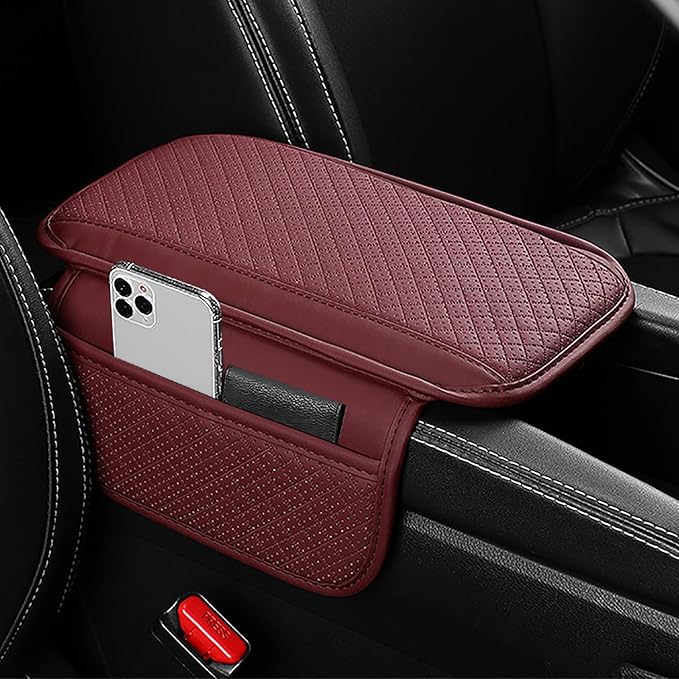 Car Armrest Cover for Mazda CX5 2012-2025, Center Console Cushion Leather Armrest Pad Protector with Storage Pockets Diamond Pattern,Red