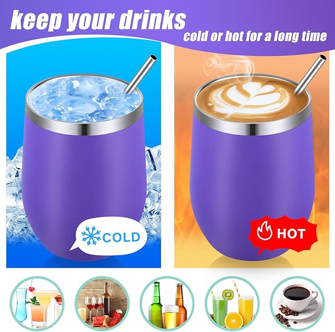 16 Pack Stainless Steel Wine Tumblers 12 oz Insulated Vacuum Wine Cup Set Double Wall Stainless Steel Stemless Mug Glasses for Coffee Soda Whiskey Outdoor Travel (Purple)