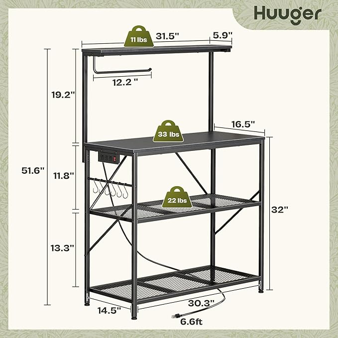Huuger 4-Tier Bakers Rack with Reversible Power Outlet, 31.5 Inch Microwave Stand, Kitchen Coffee Bar, with Top Shelf, 6 S Hooks, Black