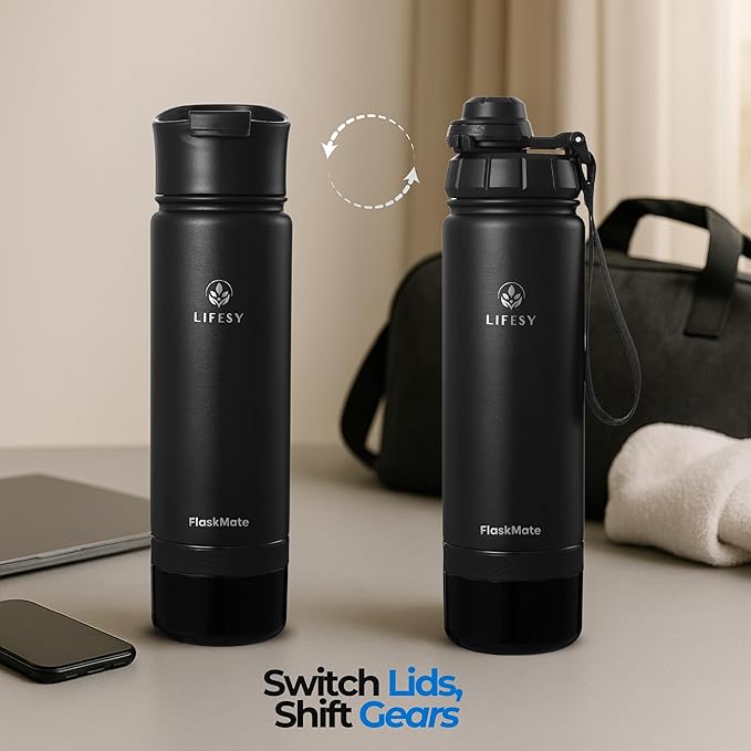 Coffee & Cold Brew Travel Bottle – 18oz Insulated Flask with French Press-Style Brewing, Hidden Storage & Dual Lids – For Hot & Cold Drinks – FLASKMATE All-in-One System (Midnight Black)