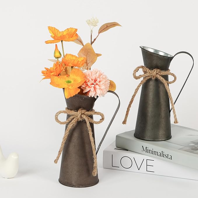 2 Pack Vintage Metal Milk Jug Vase Decor, Shabby Chic Decor Rustic Metal Pitcher, 7.87 Inch Pitcher Vintage Flower Vases for Home/Wedding Decorations