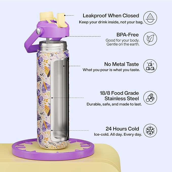 ENCOOL Insulated Water Bottle with Straw Stainless Steel Water Bottle, Leak-Proof, BPA-Free, Double Wall Vacuum Keeps Cold for 24 Hours for Sports, Travel, School (26 oz, Lavender Butterfly)