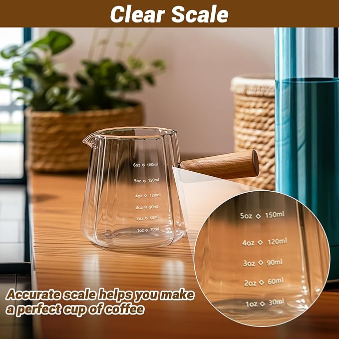 2 PCS Espresso Measuring Cup 6 Oz, Espresso Glass Cups with Wood Handle, Milk Frothing Cup, Espresso Cup for Coffee, Milk, Tea or Maple Syrup Serving