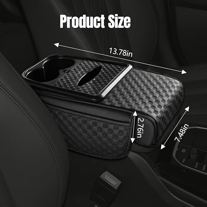 Hovom Car Center Console Armrest Pillow, 13.78"×7.48"×2.76" Leather Arm Rest Cover for Cars, Multifunctional Auto Armrest Cushion Pad with Pocket, Tissue Box & Cup Holder, Car Accessories (Black)