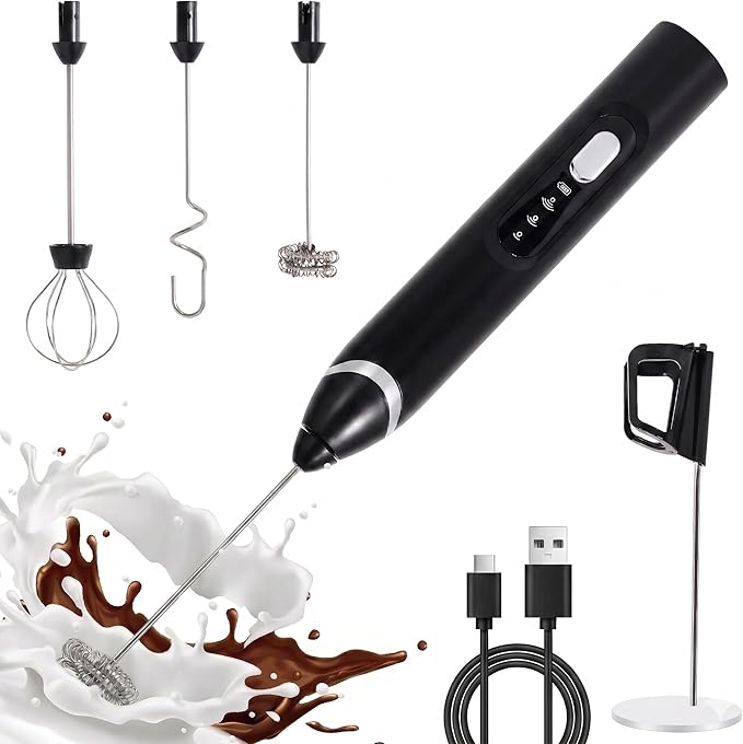 Handheld Milk Frother Wand for Coffee，Rechargeable Drink Mixer, 30dB Ultra Quiet with 3 Adjustable Speeds & 3 Whisks For Cappuccino, Hot Chocolate, Egg，Protein powder