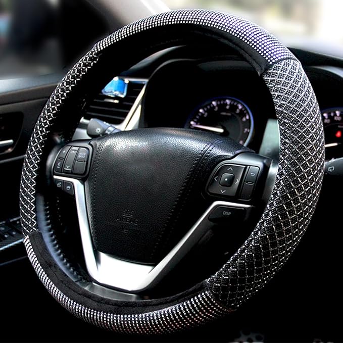 Bling Steering Wheel Cover, Bling Crystal Rhinestone Steering Wheel Cover Universal, 15 Inch Sparkling Anti-Slip Wheel Protector for Women or Girls, Easy Installation and Cleaning(Half Black)