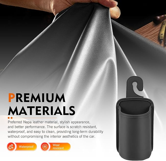 2PCS Car Headrest Cup Holder for Back Seat, PU Leather Premium Storage Accessory, Multi-Functional Anti-Spill Cup Storage Box with Hooks for Bags, Universal for Most Cars (Black)