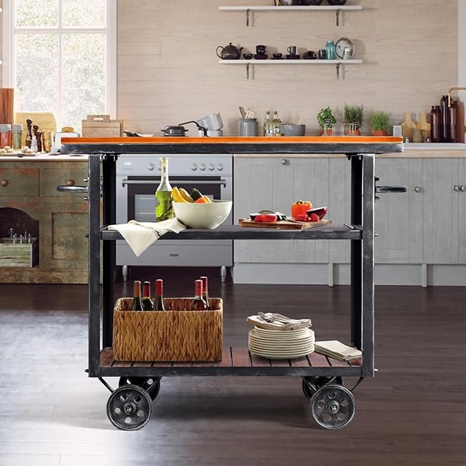 LOKKHAN Rolling Bar Cart with Handle [3 Tier] Home Kitchen Microwave Cart Island On Wheels, Mobile Serving Cart Beverage Cart, Coffee Station (Metal/Wood, Industrial Black/Rustic Brown)