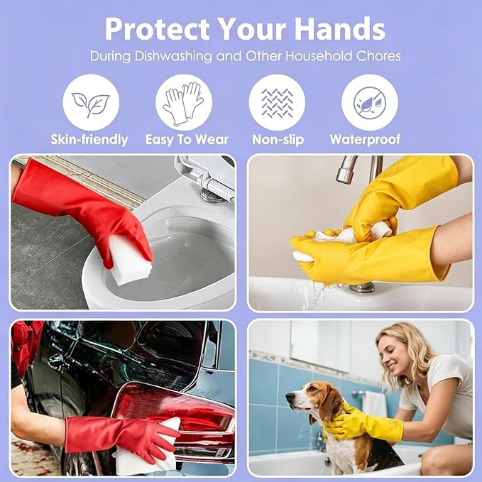 Rubber Kitchen Dishwashing Gloves - 4 Pairs Colorful Reusable Cleaning Gloves for Kitchen Washing Dishes and Household Cleaning(XL, Yellow+Red)