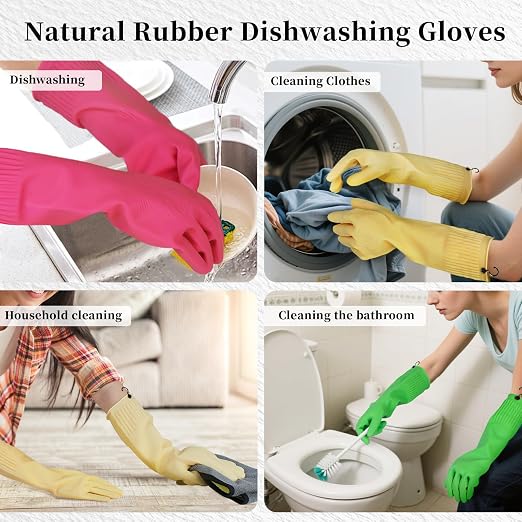 Rubber Gloves for Cleaning – 3 Pairs Reusable Gloves for Dishwashing, Kitchen and Household Tasks, 15-Inch Long (With Hook, Medium (Fits Small Hands))