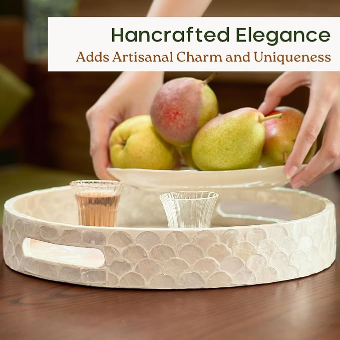 12.6 Inch Capiz Round Decorative Tray, Decorative Serving Tray with Handles for Coffee Table, Kitchen Counter, Bathroom Vanity or Dining Table Centerpiece Tray, Modern Farmhouse Decor